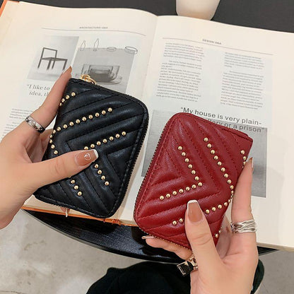 Small Card Bag Women's 2024 New European and American Personalized Rivet Organ Style Bank Credit Card Case Business Card Holder Women's Card Bag Small Portable Convenient Card Bag