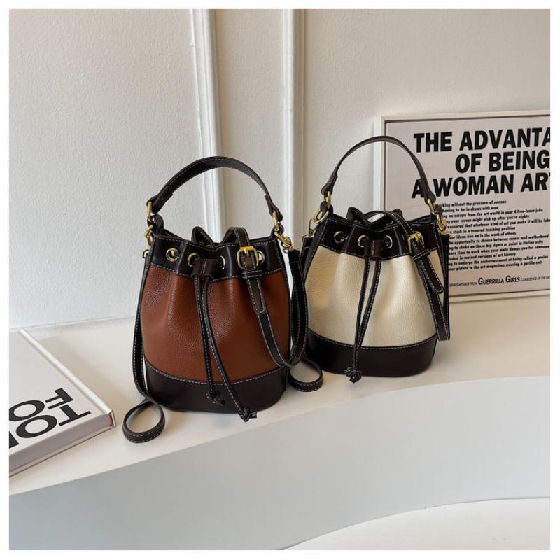 2024 Summer New High Quality Soft PU Bucket Bag Small and Popular French Fashionable Commuter Large Capacity Fashion Handbag Contrast Color Elegant Classic Retro Crossbody Bag