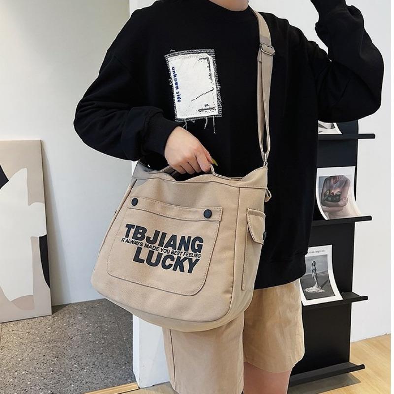 Large Capacity Canvas Bag Women's Shoulder Korean Style Retro Style Casual Messenger Bag Student Class Book Holding Commuter Tote