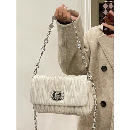 High-Grade Pleated Underarm Bag 2024 New Rhinestone Chain Shoulder Bag Commuter Retro Style Messenger Bag