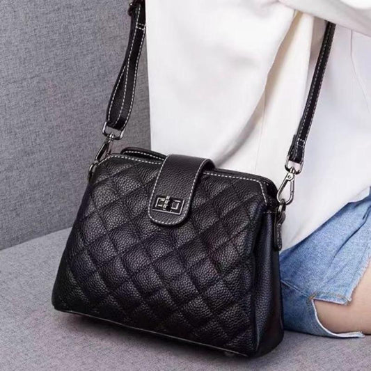 2024 New Authentic Leather Tactile Feel Rhombus Fashion All-Match Soft Leather Three-Layer Large Capacity One Shoulder Crossbody Bag Women