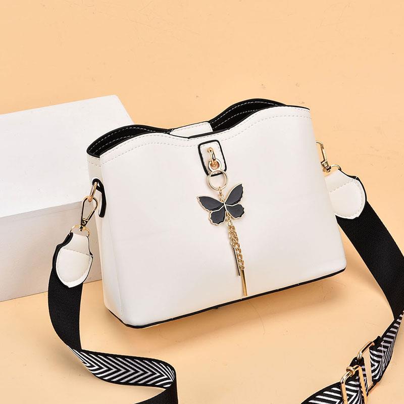 2024 Spring/Summer New Fashion Solid Color Shoulder Bag Versatile Casual Strap Bag Wide Shoulder Strap Simple and Elegant Bucket Bag Butterfly Decoration Women's Bag