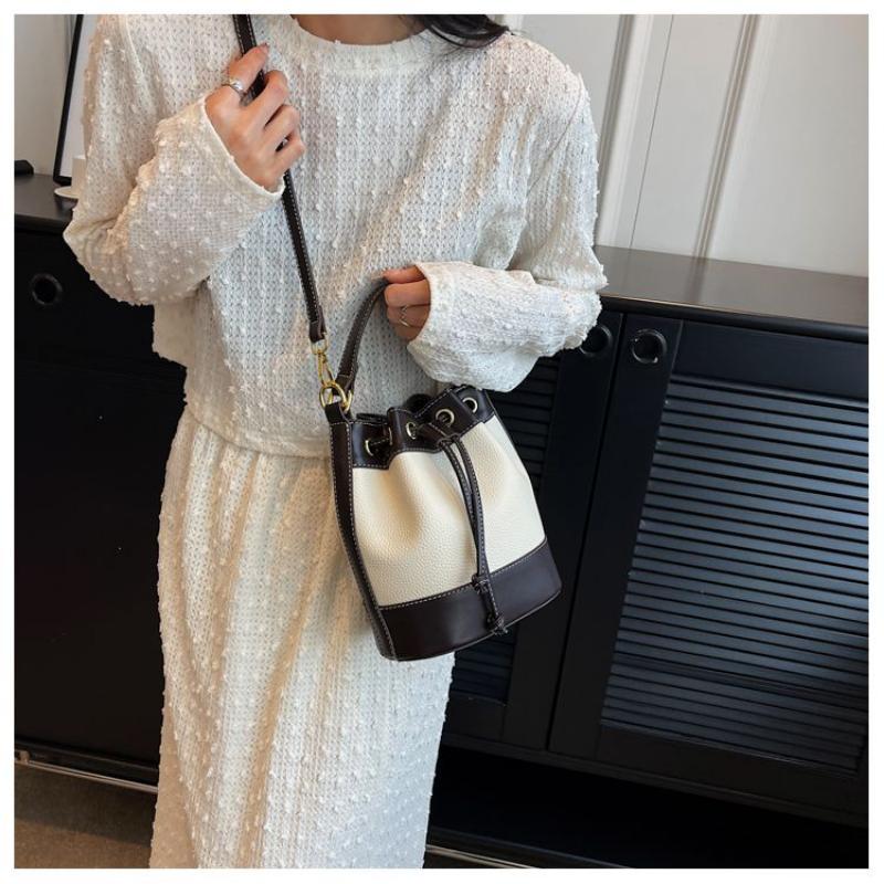 2024 Summer New High Quality Soft PU Bucket Bag Small and Popular French Fashionable Commuter Large Capacity Fashion Handbag Contrast Color Elegant Classic Retro Crossbody Bag