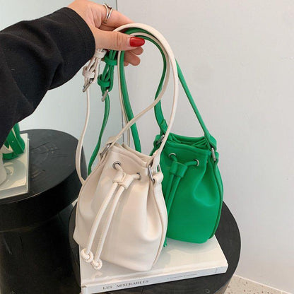 New Korean Style Fashion Drawstring Bucket Bag Special-Interest Design Simple All-Match Soft Leather Small Bag Messenger Bag Mobile Phone Bag