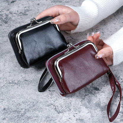 2024 New Solid Color Classic Retro Women's Fashion Wrist Strap Short Zero Wallet Large Capacity Coin Clip Bag Multi Card Card Bag Money Clip