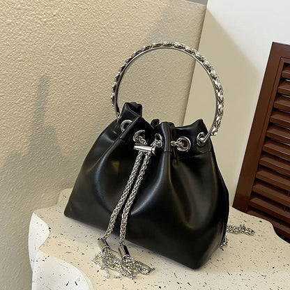 Fashion Women's Bag 2024 Summer New Handbag Rhinestone-Encrusted Chain Tassel Bag Shoulder Crossbody Personality Trendy Bucket Bag