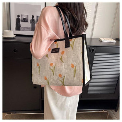 Canvas Portable Shopping Bag Women's Large Capacity Travel Bag One Shoulder Commuter Bag Classroom Fitness Bag Mommy Tote Bag Tide