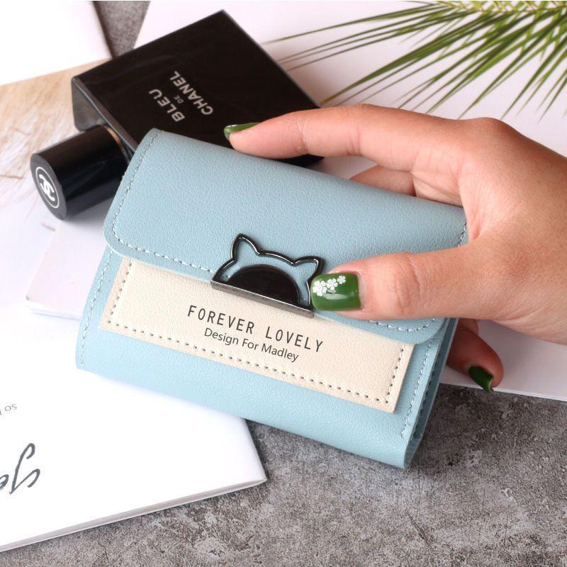 New Cat Small Wallet Women's Short Korean Style Cute Refreshing Student Lady Contrast Color Trifold Wallet