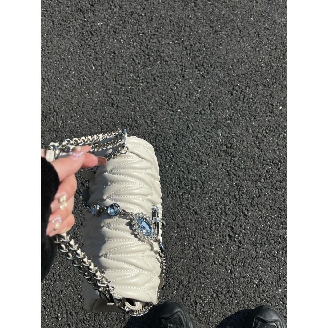 High-Grade Pleated Underarm Bag 2024 New Rhinestone Chain Shoulder Bag Commuter Retro Style Messenger Bag