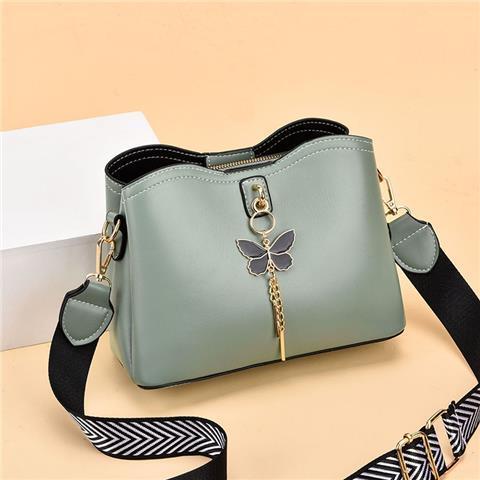2024 Spring/Summer New Fashion Solid Color Shoulder Bag Versatile Casual Strap Bag Wide Shoulder Strap Simple and Elegant Bucket Bag Butterfly Decoration Women's Bag