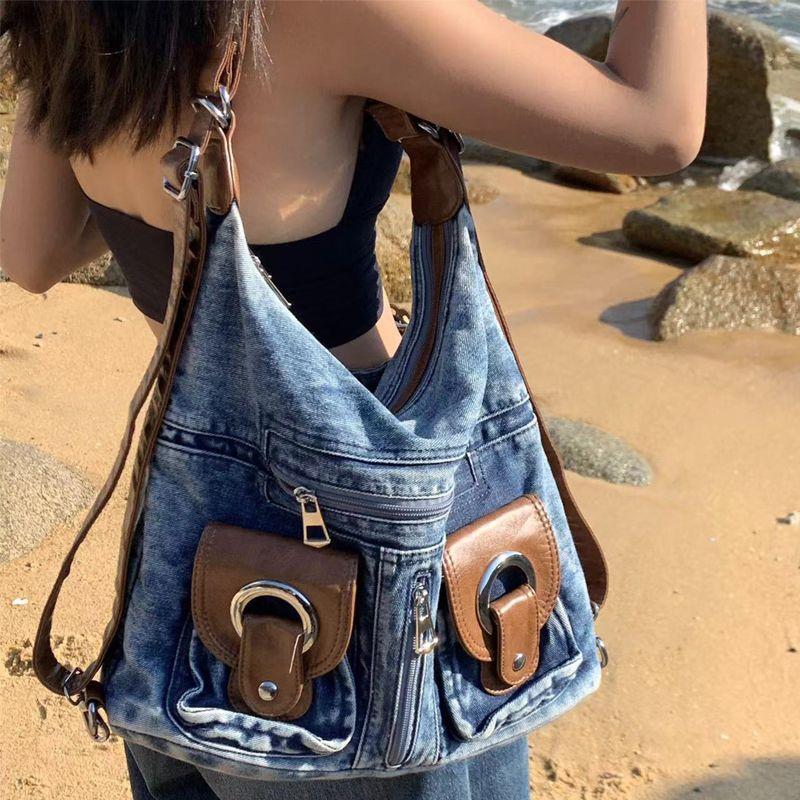 Women's Versatile Backpack, Niche Bag, High-end Sense of Beauty, Go Out To Play with Large Capacity Popular Denim Backpack