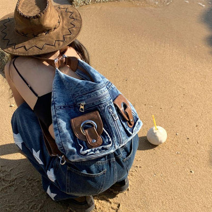 Women's Versatile Backpack, Niche Bag, High-end Sense of Beauty, Go Out To Play with Large Capacity Popular Denim Backpack