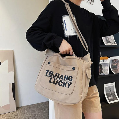 Large Capacity Canvas Bag Women's Shoulder Korean Style Retro Style Casual Messenger Bag Student Class Book Holding Commuter Tote