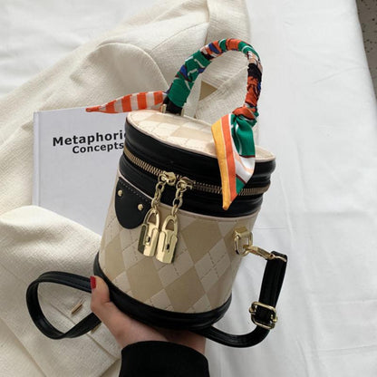 2024 Spring/Summer New Fashion Versatile Bucket Bag Contrast Color Lingge High Quality Scarf Decoration Elegant Handbag Cylinder Design Cute and Exquisite Crossbody Bag