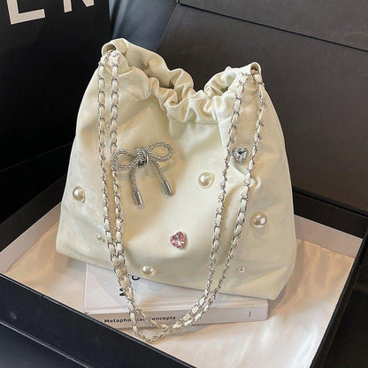 High-End Large Capacity Underarm Tote Bag Women's 2024 New Chain Shoulder Bag Silver Commuter Bucket Bag female