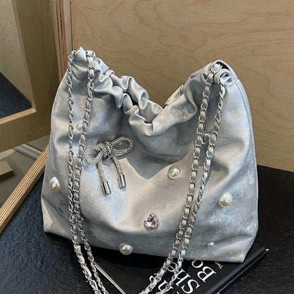 High-End Large Capacity Underarm Tote Bag Women's 2024 New Chain Shoulder Bag Silver Commuter Bucket Bag female