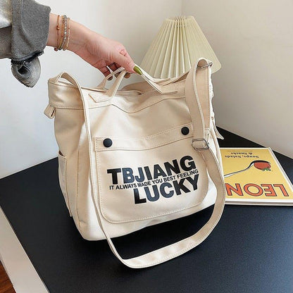 Large Capacity Canvas Bag Women's Shoulder Korean Style Retro Style Casual Messenger Bag Student Class Book Holding Commuter Tote