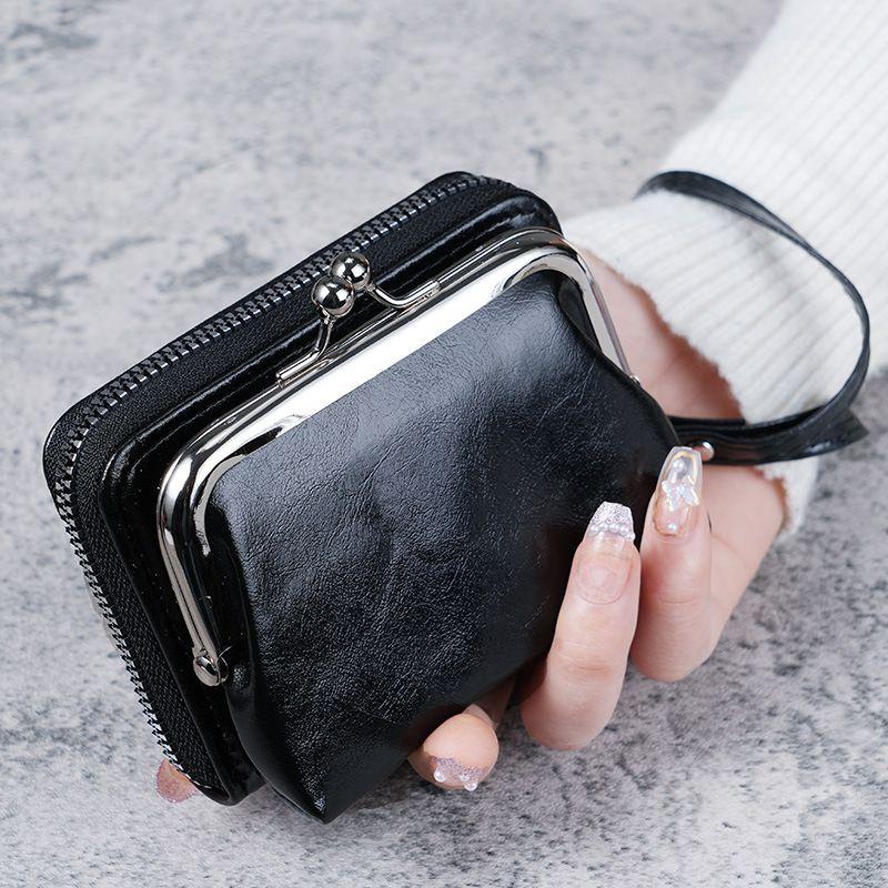 2024 New Solid Color Classic Retro Women's Fashion Wrist Strap Short Zero Wallet Large Capacity Coin Clip Bag Multi Card Card Bag Money Clip