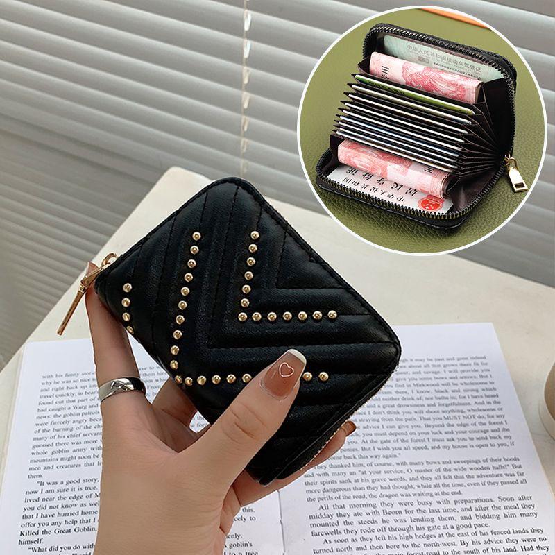 Small Card Bag Women's 2024 New European and American Personalized Rivet Organ Style Bank Credit Card Case Business Card Holder Women's Card Bag Small Portable Convenient Card Bag