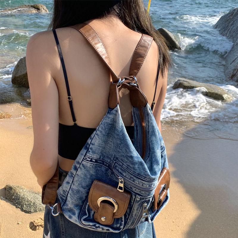 Women's Versatile Backpack, Niche Bag, High-end Sense of Beauty, Go Out To Play with Large Capacity Popular Denim Backpack