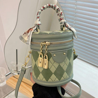 2024 Spring/Summer New Fashion Versatile Bucket Bag Contrast Color Lingge High Quality Scarf Decoration Elegant Handbag Cylinder Design Cute and Exquisite Crossbody Bag