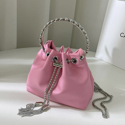 Fashion Women's Bag 2024 Summer New Handbag Rhinestone-Encrusted Chain Tassel Bag Shoulder Crossbody Personality Trendy Bucket Bag