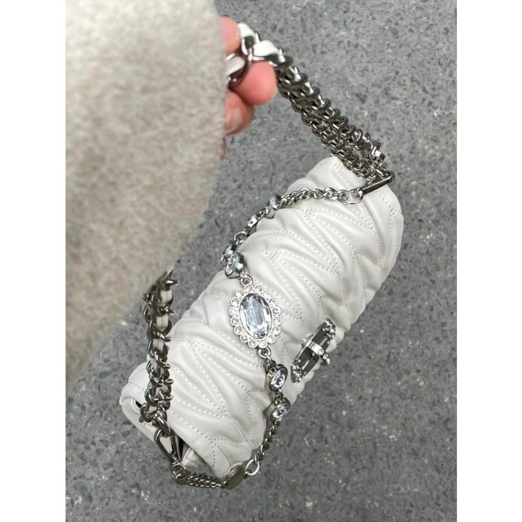 High-Grade Pleated Underarm Bag 2024 New Rhinestone Chain Shoulder Bag Commuter Retro Style Messenger Bag