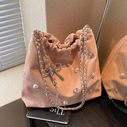 High-End Large Capacity Underarm Tote Bag Women's 2024 New Chain Shoulder Bag Silver Commuter Bucket Bag female