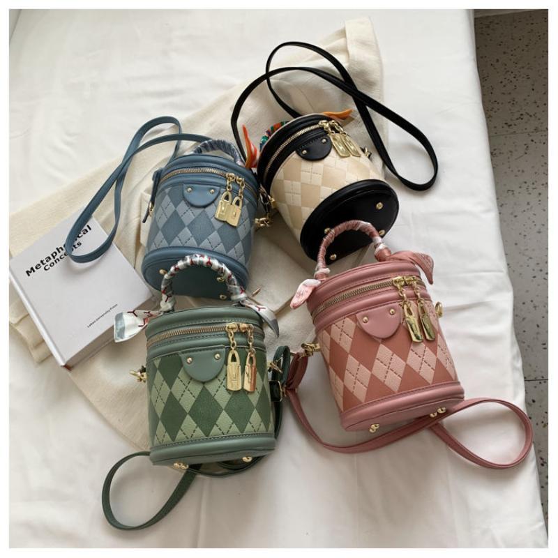 2024 Spring/Summer New Fashion Versatile Bucket Bag Contrast Color Lingge High Quality Scarf Decoration Elegant Handbag Cylinder Design Cute and Exquisite Crossbody Bag