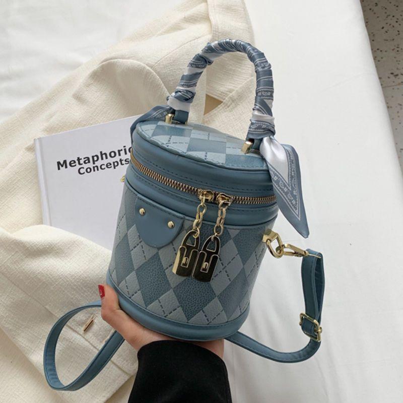 2024 Spring/Summer New Fashion Versatile Bucket Bag Contrast Color Lingge High Quality Scarf Decoration Elegant Handbag Cylinder Design Cute and Exquisite Crossbody Bag