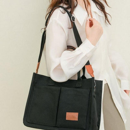 Simple Canvas Bag One-Shoulder Teacher Niche Japanese Solid Color Commute Office Worker A4 Go out Student Handbag All-Matching