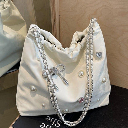 High-End Large Capacity Underarm Tote Bag Women's 2024 New Chain Shoulder Bag Silver Commuter Bucket Bag female