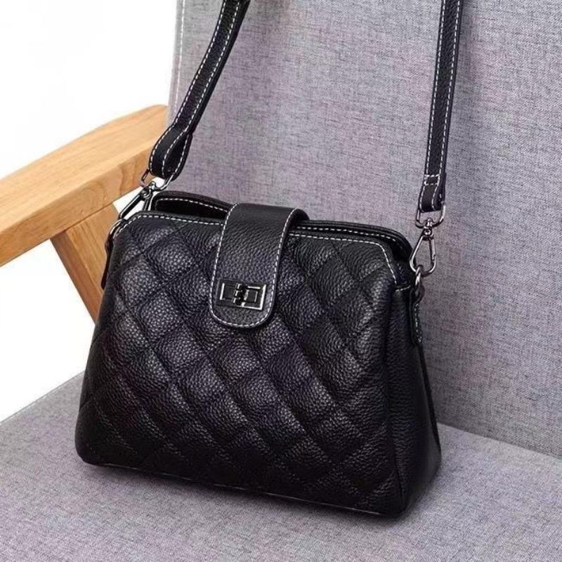 2024 New Authentic Leather Tactile Feel Rhombus Fashion All-Match Soft Leather Three-Layer Large Capacity One Shoulder Crossbody Bag Women