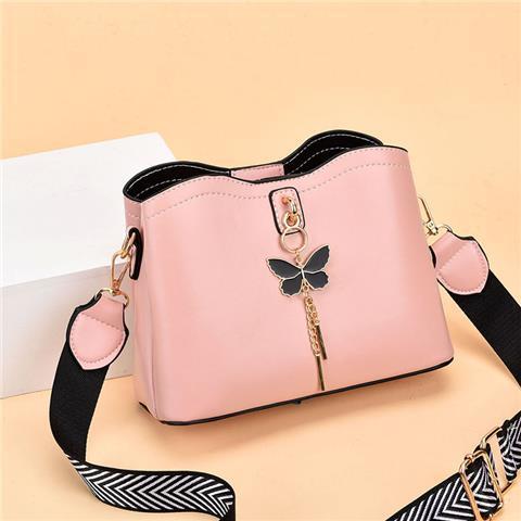 2024 Spring/Summer New Fashion Solid Color Shoulder Bag Versatile Casual Strap Bag Wide Shoulder Strap Simple and Elegant Bucket Bag Butterfly Decoration Women's Bag