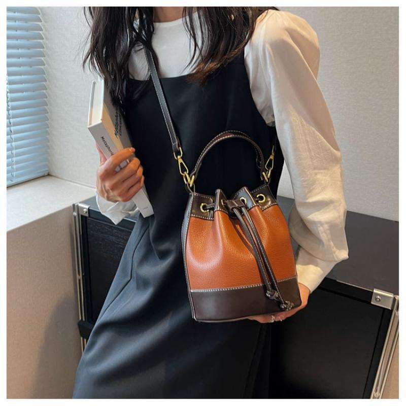 2024 Summer New High Quality Soft PU Bucket Bag Small and Popular French Fashionable Commuter Large Capacity Fashion Handbag Contrast Color Elegant Classic Retro Crossbody Bag