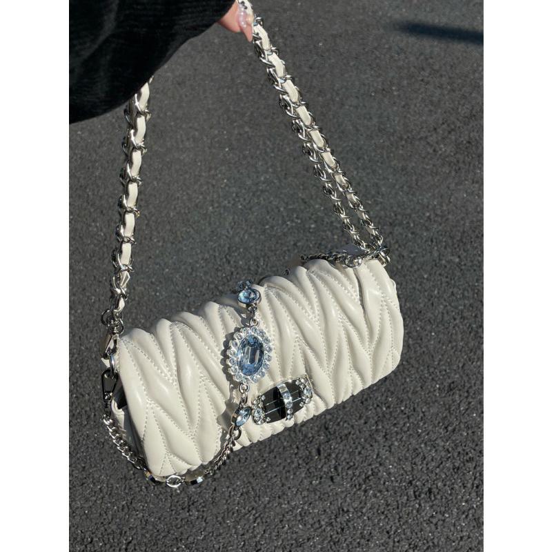 High-Grade Pleated Underarm Bag 2024 New Rhinestone Chain Shoulder Bag Commuter Retro Style Messenger Bag