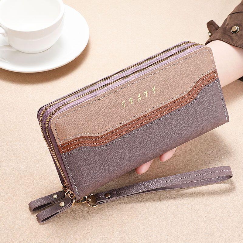 Women's Long Wallet 2024 New Contrast Color Large Capacity Double Zipper Mother-in-Law Shopping Change and Mobile Phone Bag