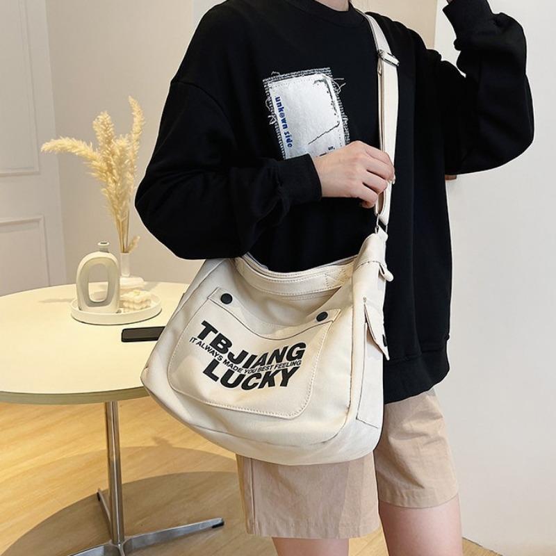 Large Capacity Canvas Bag Women's Shoulder Korean Style Retro Style Casual Messenger Bag Student Class Book Holding Commuter Tote