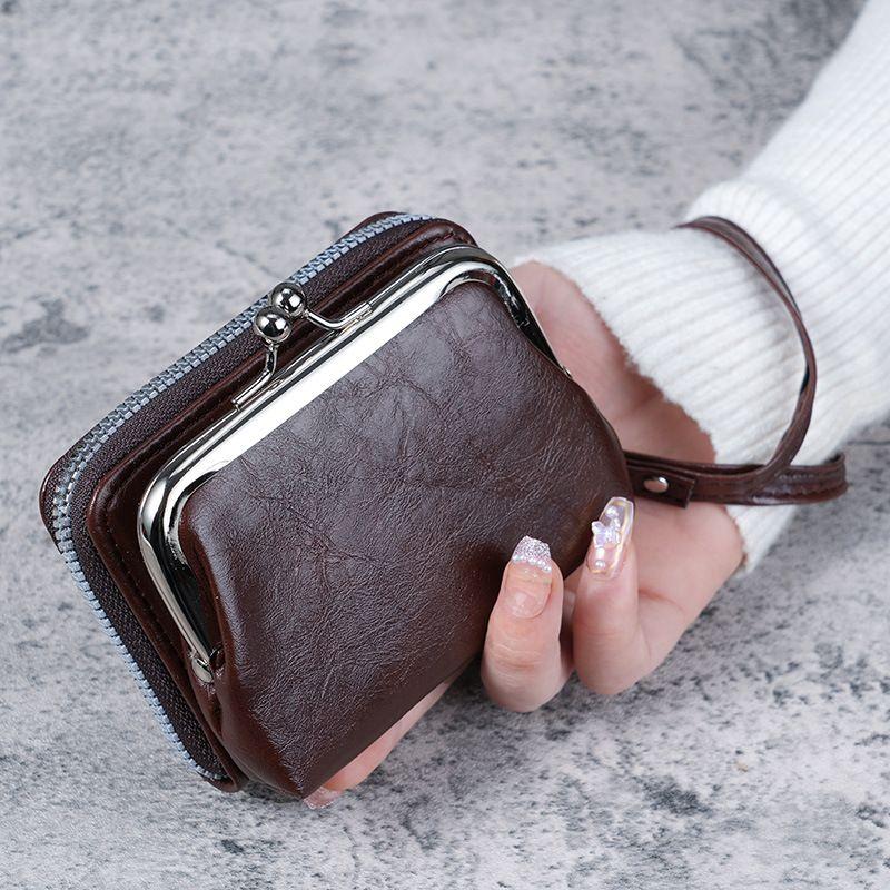 2024 New Solid Color Classic Retro Women's Fashion Wrist Strap Short Zero Wallet Large Capacity Coin Clip Bag Multi Card Card Bag Money Clip