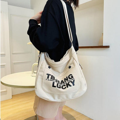 Large Capacity Canvas Bag Women's Shoulder Korean Style Retro Style Casual Messenger Bag Student Class Book Holding Commuter Tote