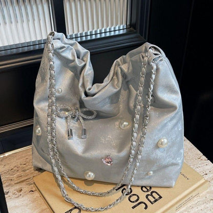 High-End Large Capacity Underarm Tote Bag Women's 2024 New Chain Shoulder Bag Silver Commuter Bucket Bag female