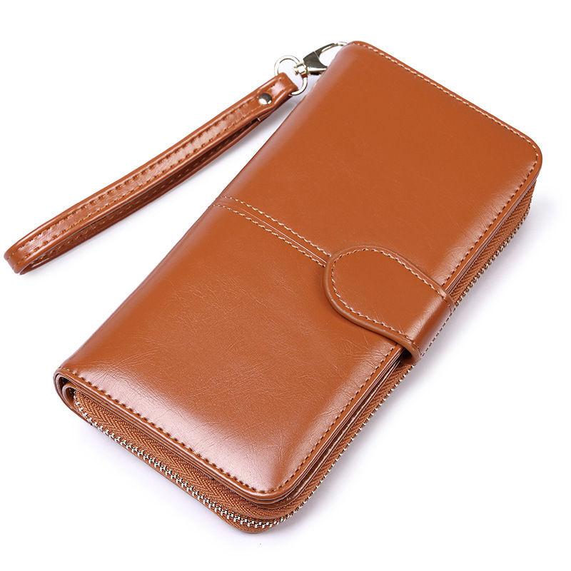 Women's long wallet, European and American fashion, large capacity wallet, student wallet, girl's wax leather zipper buckle wallet, large capacity girl's wallet