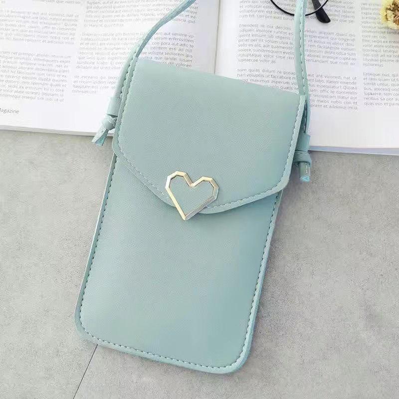 Women's mobile phone bag messenger bag 2024 mini heart-shaped metal decorative small mobile phone bag touch screen multi-function mobile phone bag shoulder small bag