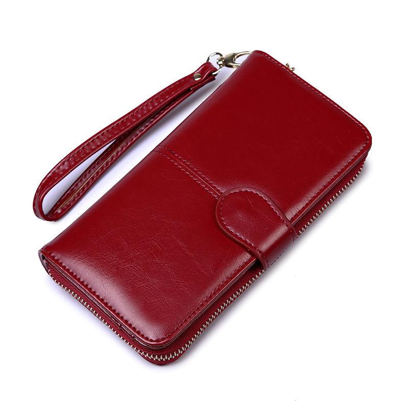 Women's long wallet, European and American fashion, large capacity wallet, student wallet, girl's wax leather zipper buckle wallet, large capacity girl's wallet