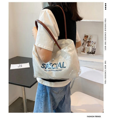 Waterproof Canvas Shoulder Bag Ins Style Korean Style Japanese Style Transparent PVC Waterproof Shoulder Bag Large Capacity Student Class Simple Trend Lady's Bags