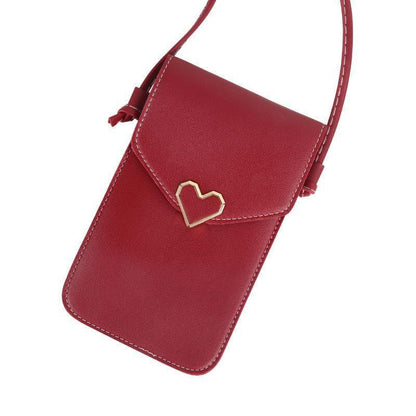 Women's mobile phone bag messenger bag 2024 mini heart-shaped metal decorative small mobile phone bag touch screen multi-function mobile phone bag shoulder small bag