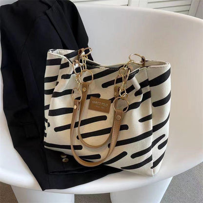 Canvas bag women's tote bag 2024 new fashion fashion shoulder bag large-capacity commuter shoulder bag striped canvas bag women