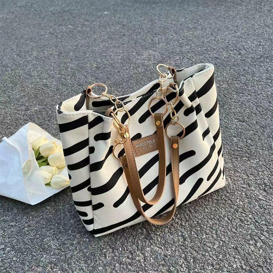 Canvas bag women's tote bag 2024 new fashion fashion shoulder bag large-capacity commuter shoulder bag striped canvas bag women