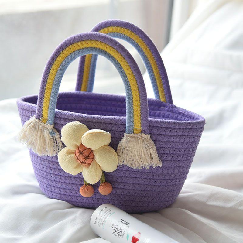 Korean Fashion Cotton Rope Casual Flower Decorative Handbag Net Red Versatile Cute Foreign Youth Filled Handbag Small Fresh Flowers Straw Woven Bag Rainbow Handle Tassel Decoration