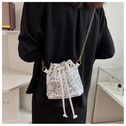 Personalized sequin bucket bag shoulder bag for women 2024 new ins net red versatile sequin bucket bag chain strip bungee bag one shoulder cross body bag